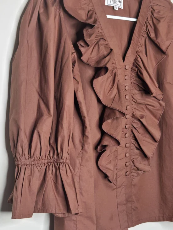 Mille Ruffle Front Puff Sleeve V-neck Romantic Top Brown Blouse - Picture 3 of 8